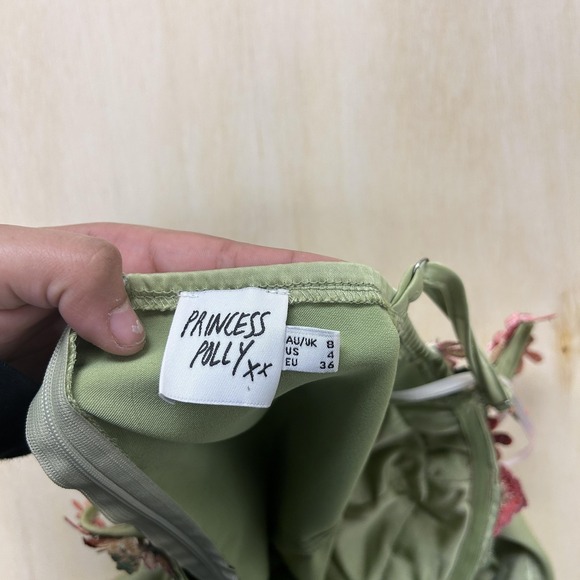 Princess Polly Dress Womens 4 Green Floral Embroidered Satin Slip Mini Party - Picture 3 of 9